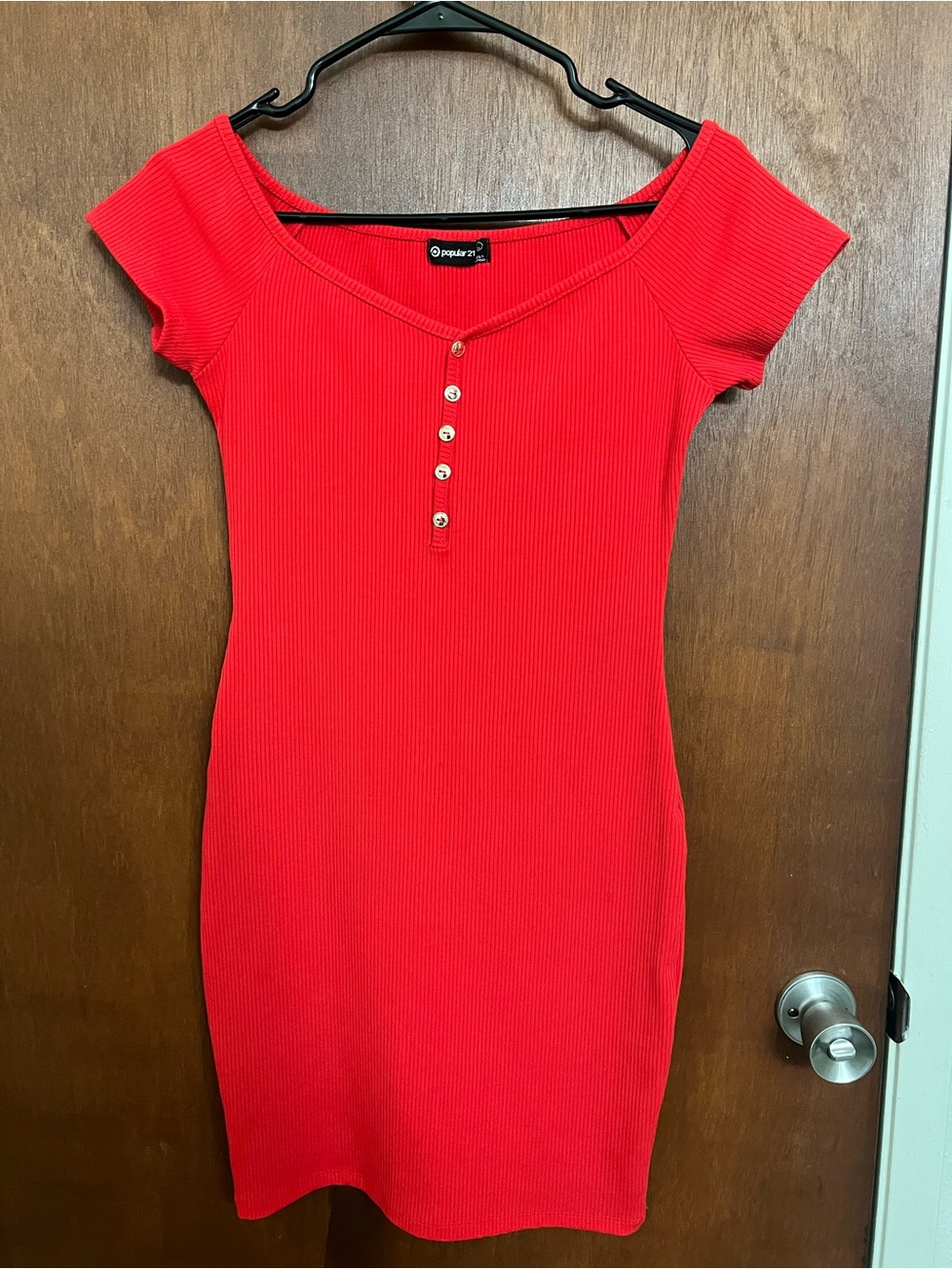 Red Ribbed Off-Shoulder Henley Bodycon Dress